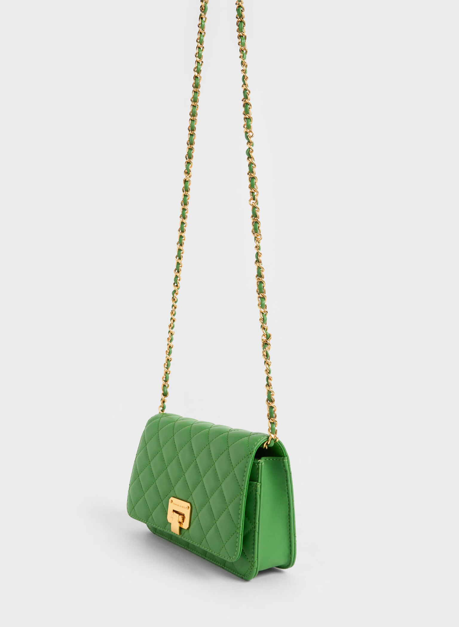 Quilted Push-Lock Clutch, Green, hi-res