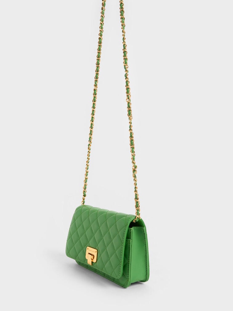 Quilted Push-Lock Clutch, Green, hi-res