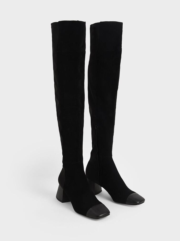 Leather & Kid Suede Thigh High Boots, Black, hi-res