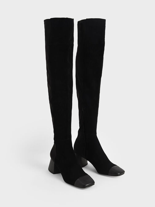 Leather & Kid Suede Thigh High Boots, Black, hi-res