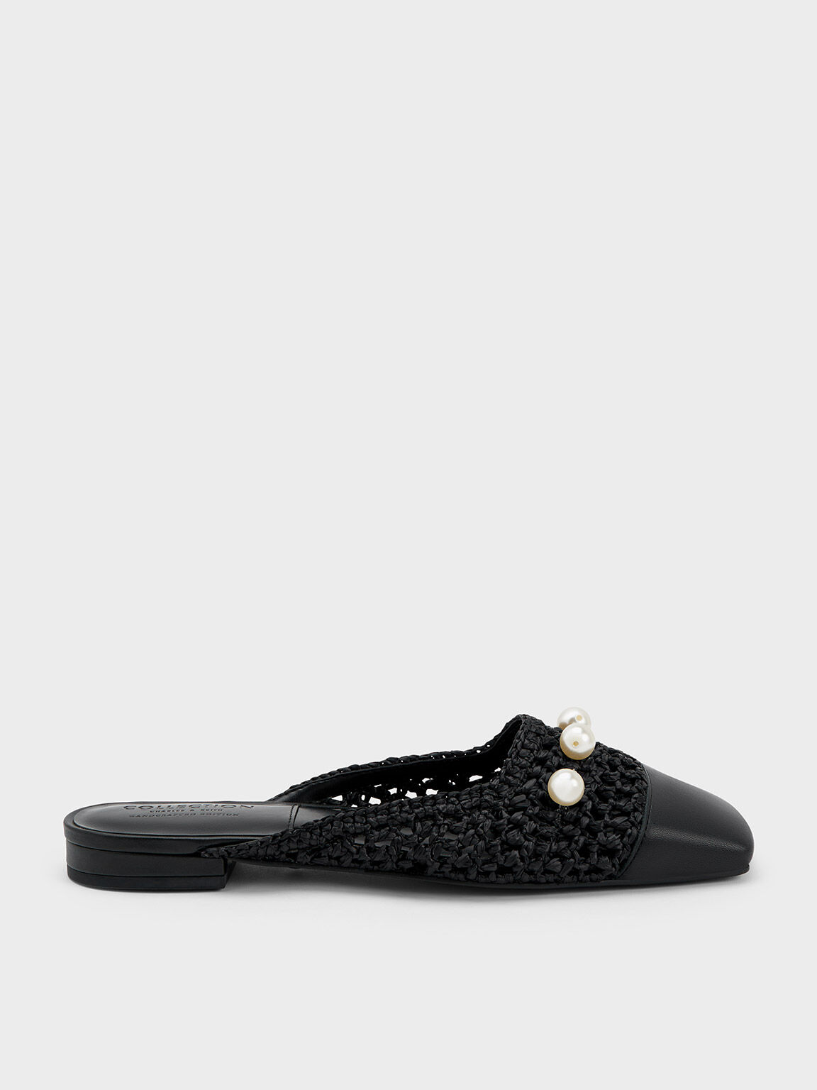 Black Raffia Leather Bead Embellished Mules CHARLES KEITH KH