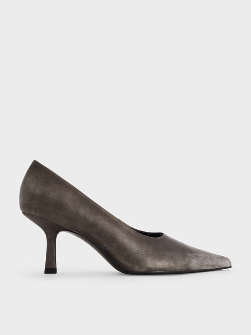Metallic Pointed-Toe Kitten-Heel Pumps, Silver, hi-res