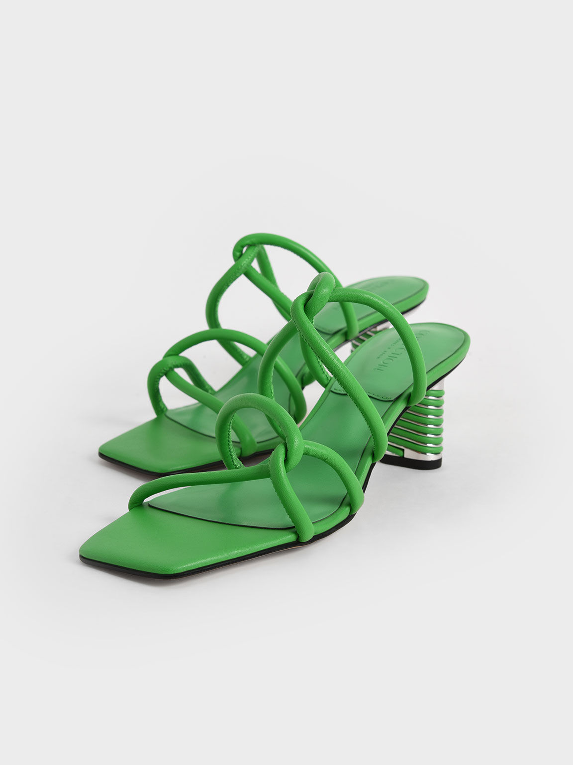 Leather Tubular Strap Heeled Sandals, Green, hi-res