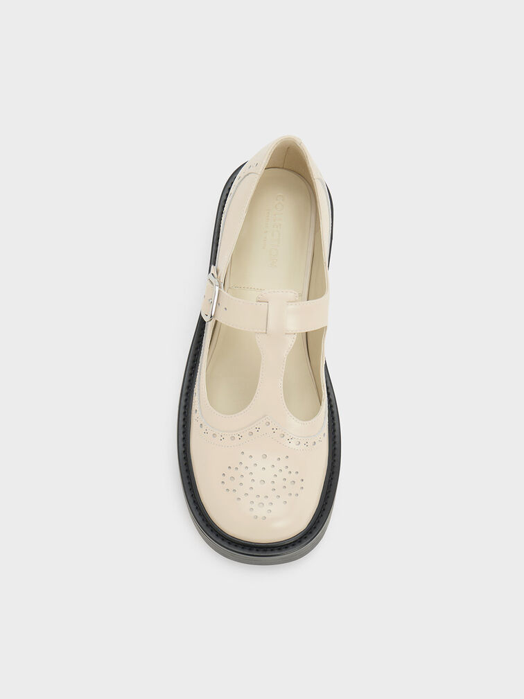 Brogue Leather T-Bar Mary Janes, Chalk, hi-res