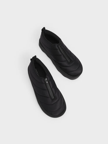 Puffy Nylon Panelled Zip-Up Boots, Black, hi-res
