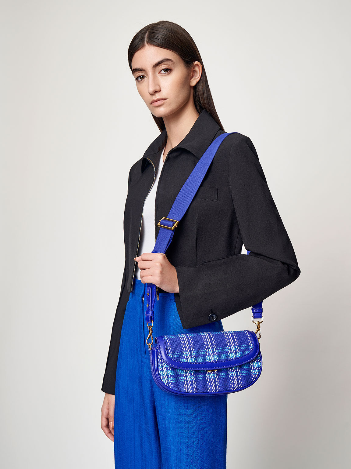 Lillie Tweed Curved Chain Handle Bag, Cobalt, hi-res