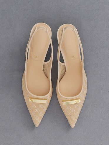 Christie Mesh Pointed-Toe Slingback Pumps, Beige, hi-res