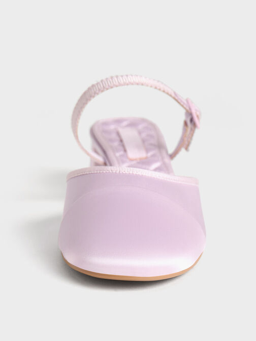 Satin Buckled-Strap Trapeze-Heel Mules, Lilac, hi-res