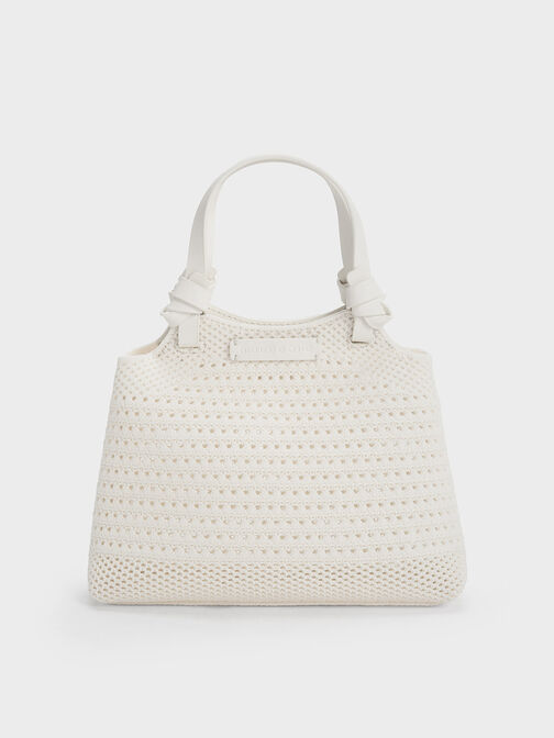 Ida Knotted Handle Knitted Tote Bag, White, hi-res