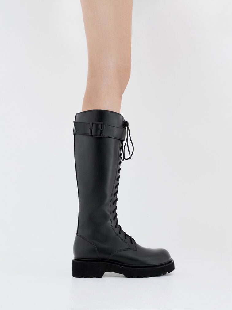 Darian Lace-Up Buckle-Strap Knee-High Boots, Black, hi-res