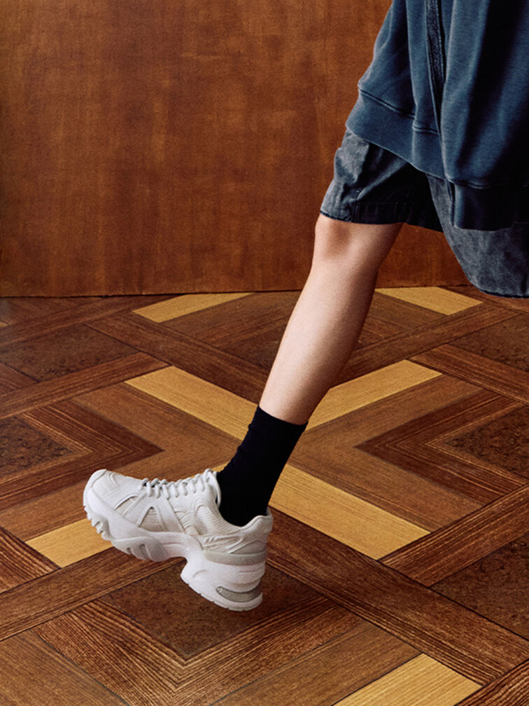 Mesh Contrast-Trim Chunky Sneakers, White, hi-res