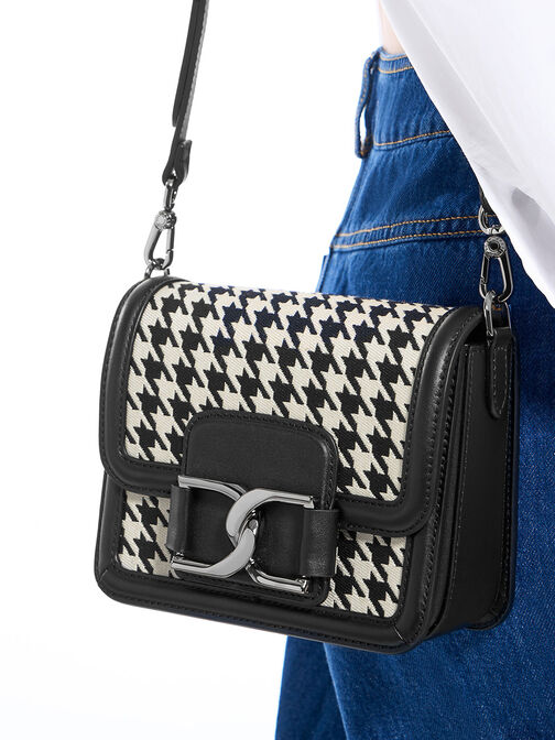 Bolso bandolera Gabine de cuero con diseño houndstooth, Multicolor, hi-res