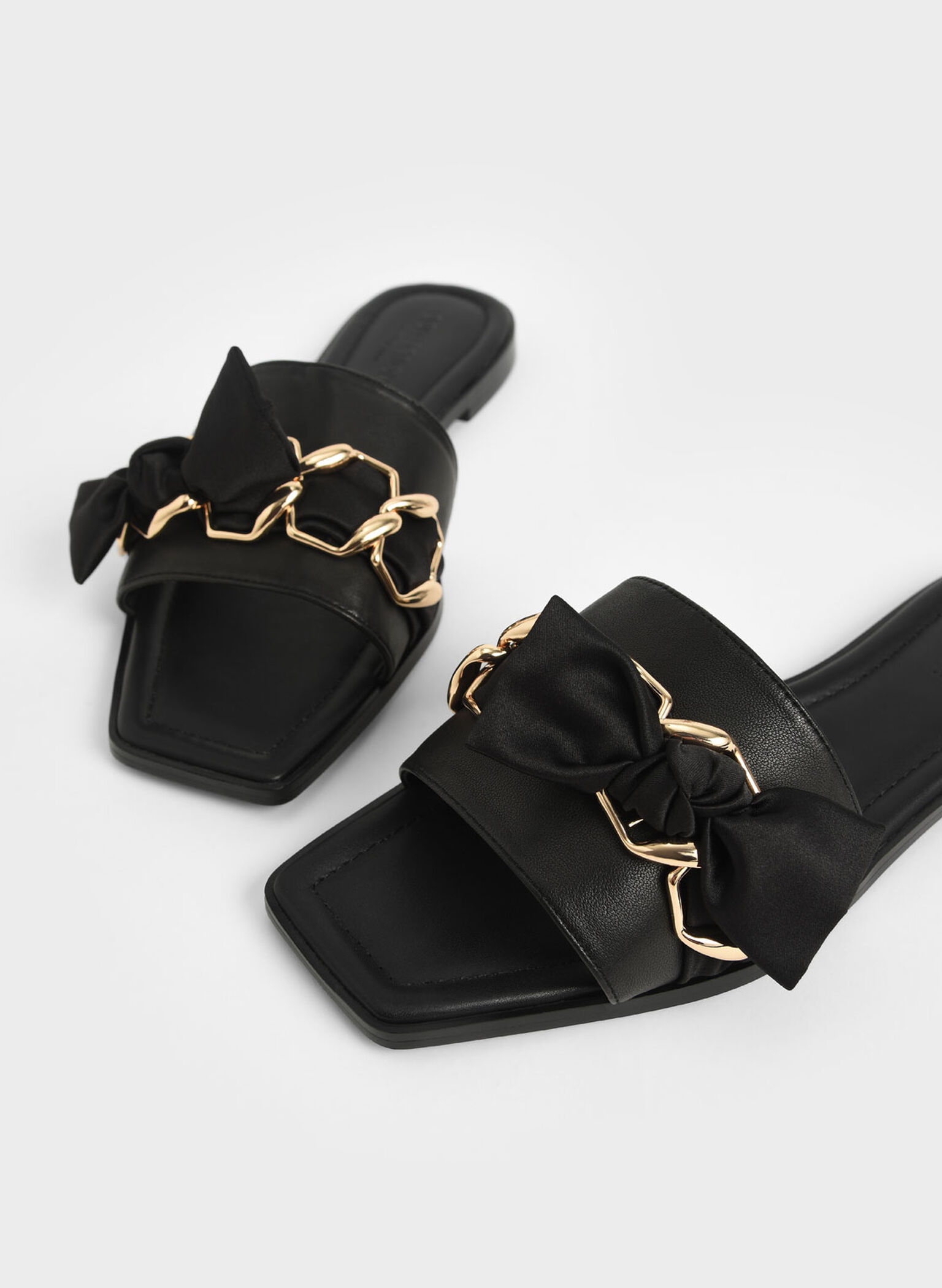 Satin Scarf Leather Slide Sandals, Black, hi-res