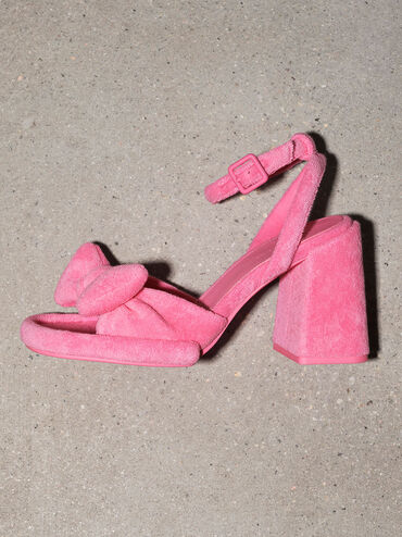 Loey Textured Bow Ankle-Strap Sandals, Pink, hi-res