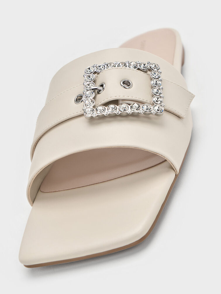 Sandalias slip-on con hebilla adornada con gemas y puntera cuadrada, Blanco tiza, hi-res