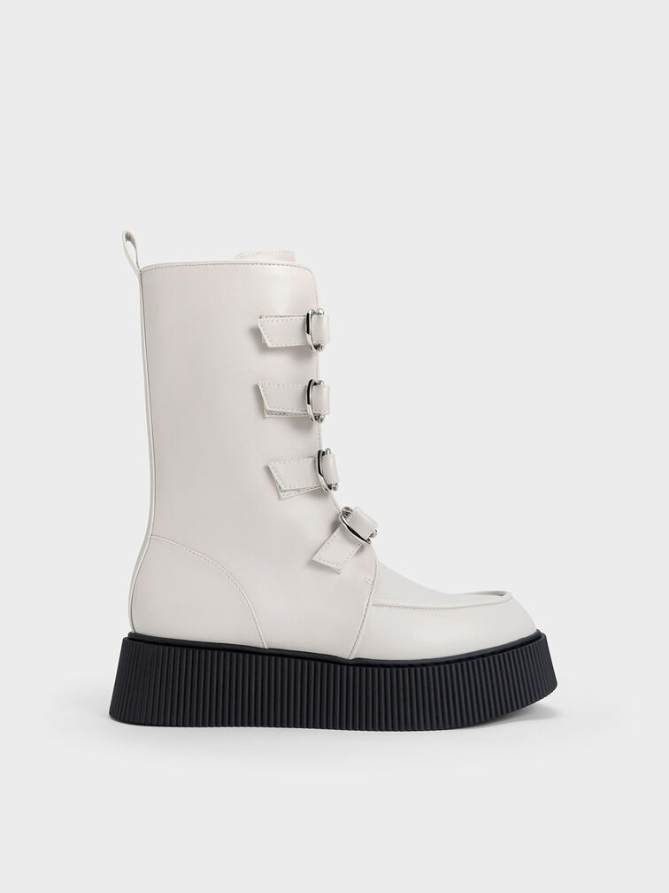 White Cordova Buckled Platform Boots - CHARLES & KEITH SG