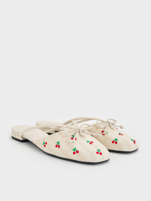 Cherry-Print Pearl-Accent Bow Flat Mules, Multicolor, hi-res