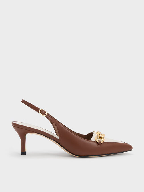 Avani Chunky Chain-Embellished Slingback Pumps, Cognac, hi-res