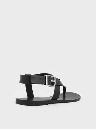 Asymmetric Slingback Thong Sandals, Black, hi-res