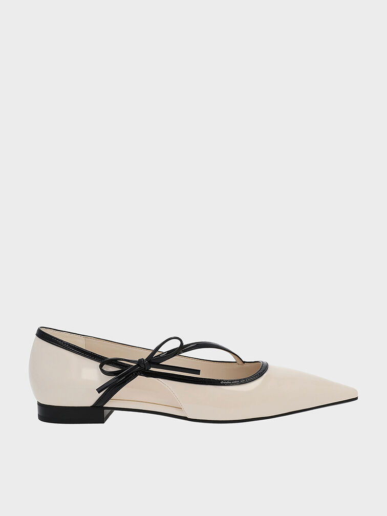 Patent Contrast-Trim Pointed-Toe Bow-Strap Flats, Chalk, hi-res