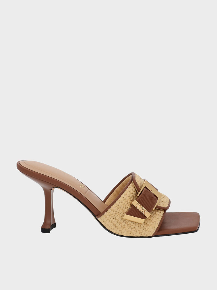 Mules con tacón en piel y rafia con hebilla Whitney, Marrón, hi-res