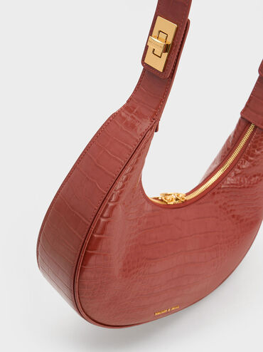 Croc-Embossed Crescent Hobo Bag, Brown, hi-res