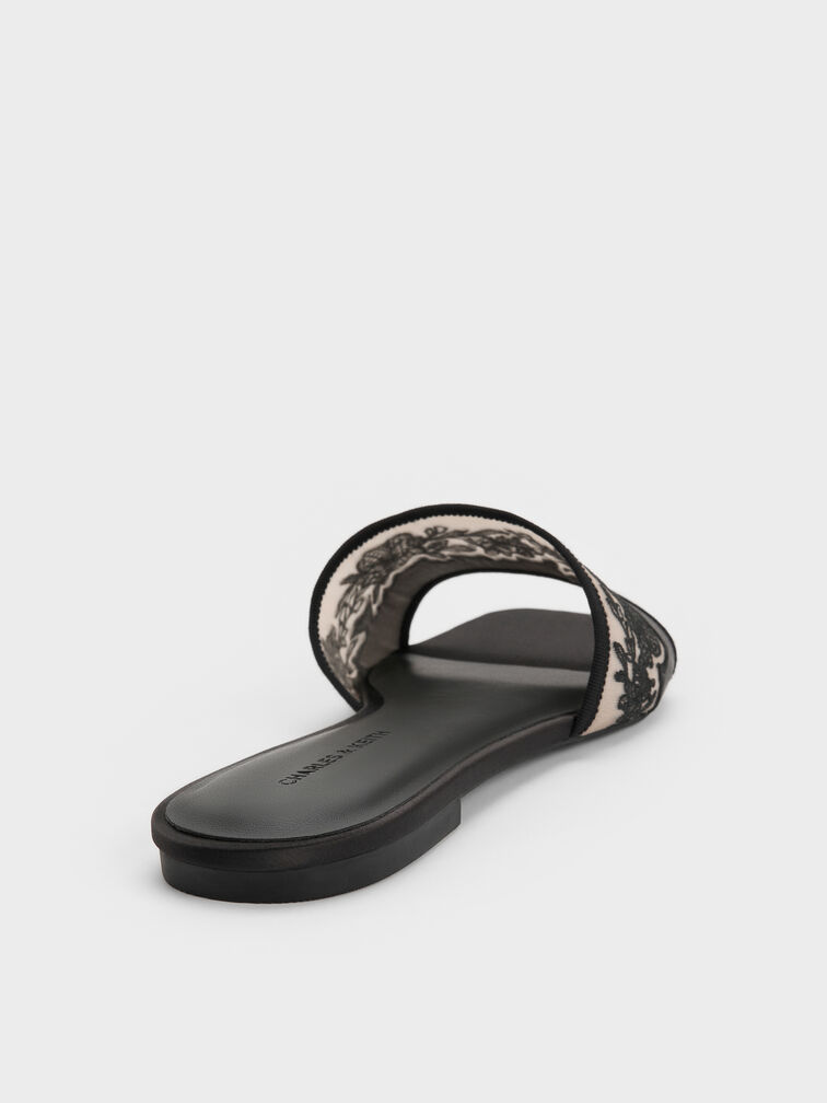 Satin Embroidered-Mesh Slide Sandals, Black Textured, hi-res