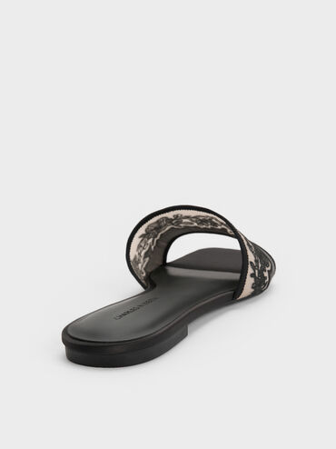 Satin Embroidered-Mesh Slide Sandals, Black Textured, hi-res