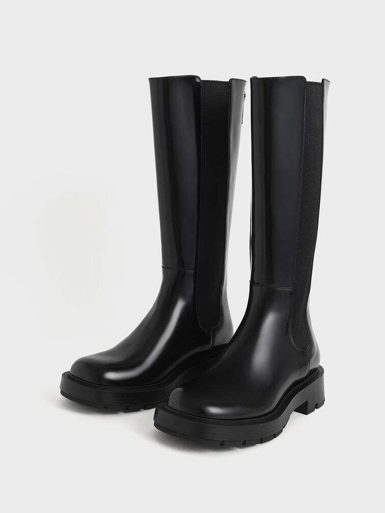 Zip-Up Chelsea Knee Boots, Black, hi-res