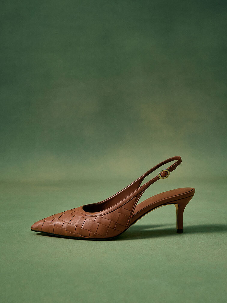 Woven Pointed-Toe Slingback Pumps, Brown, hi-res