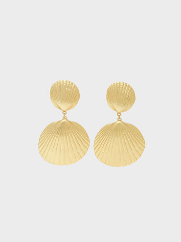 Round Seashell Drop Clip-On Earrings, Gold, hi-res