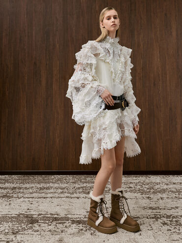 Faux Suede & Faux Fur Foldover Flatform Boots, Brown, hi-res