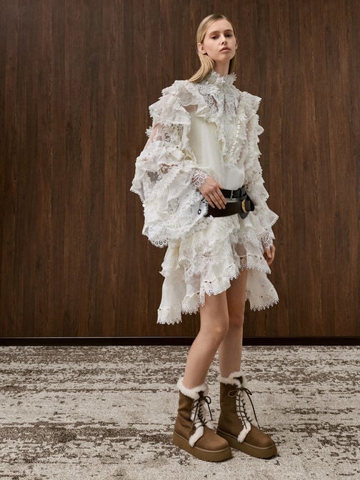 Faux Suede & Faux Fur Foldover Flatform Boots, Brown, hi-res