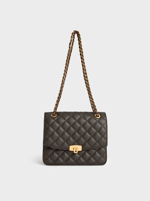 Quilted Chain Strap Clutch, Dark Moss, hi-res