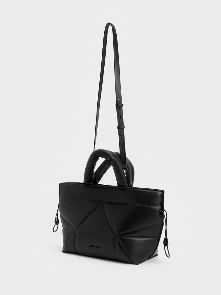 Black Nina Leather Drawstring Slouchy Tote Bag - CHARLES & KEITH KR