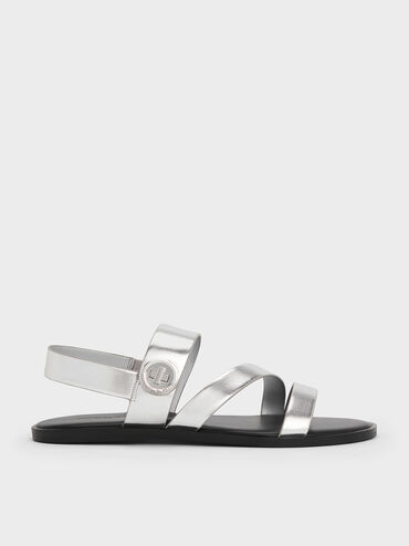 Yara Metallic Turn Lock Strappy Sandals, Silver, hi-res