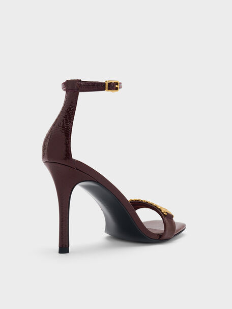 Snake-Print Metallic-Accent Heeled Sandals, Animal Print Burgundy, hi-res