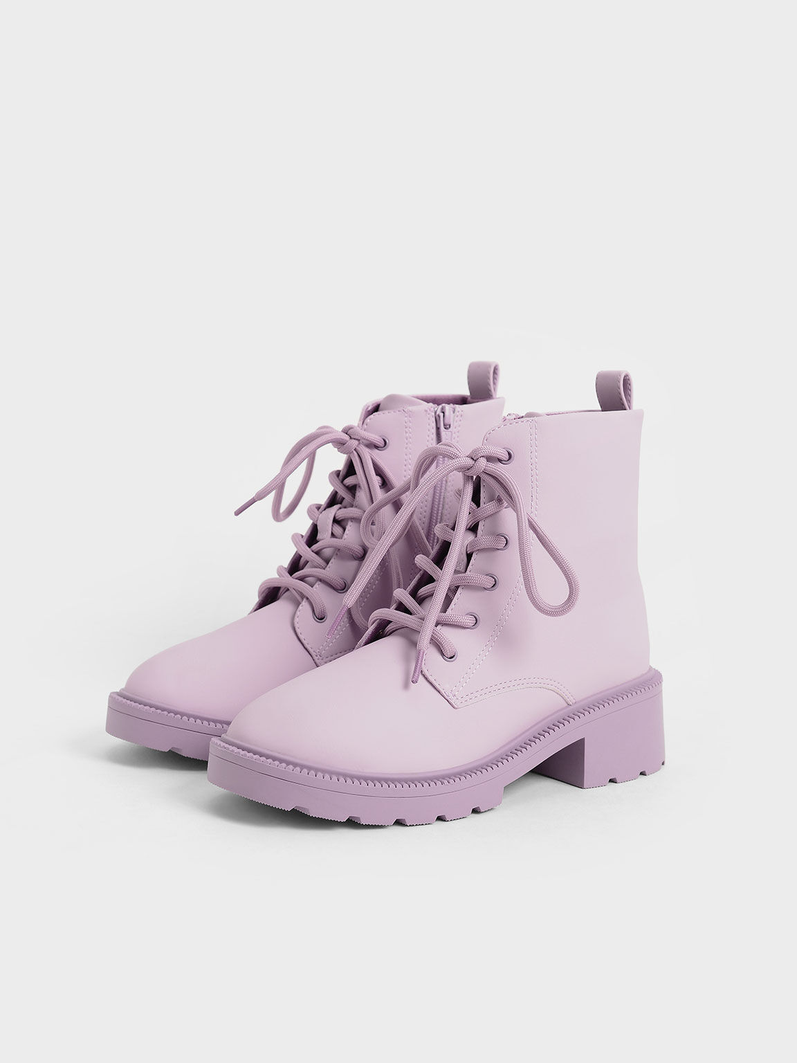 Girls' Lace-Up Chunky Ankle Boots, Lilac, hi-res