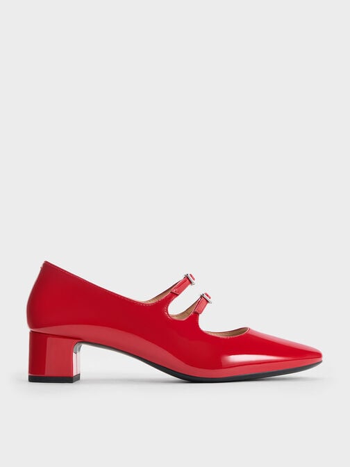 Double Crystal-Buckle Mary Jane Pumps, Red, hi-res