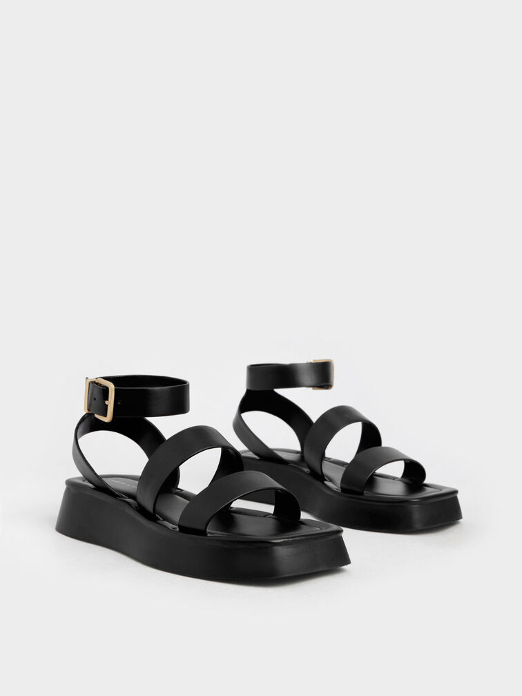 Black Square Toe Ankle-Strap Sandals - CHARLES & KEITH US