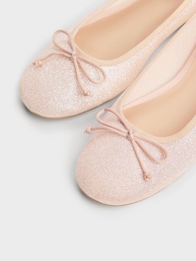 Glittered Mesh Bow Ballet Flats, Pink, hi-res