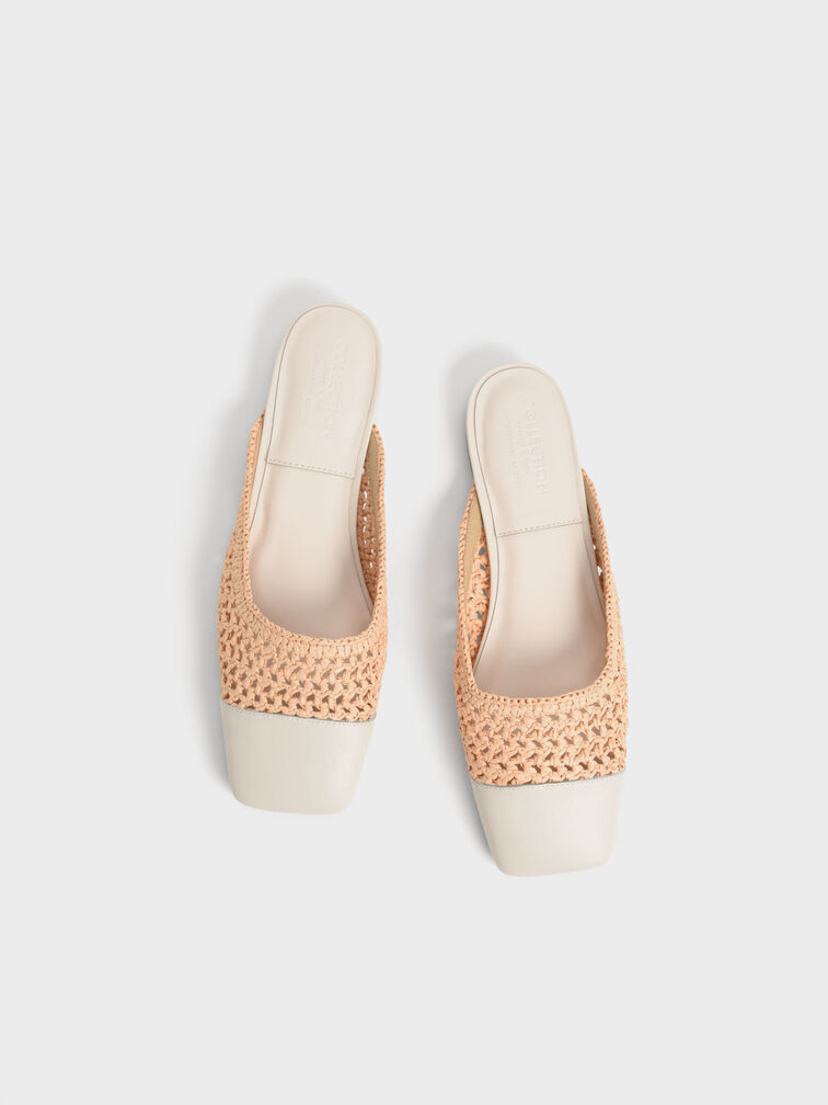 Leather & Raffia Flat Mules, Chalk, hi-res
