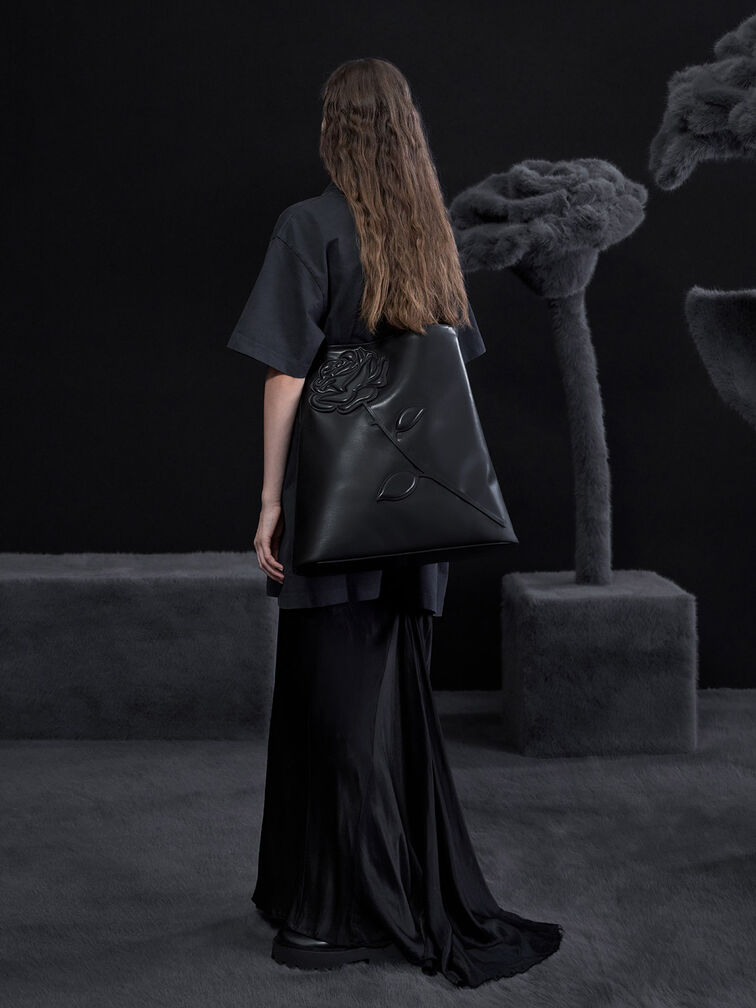 Rose-Motif Trapeze Shoulder Bag, Noir, hi-res