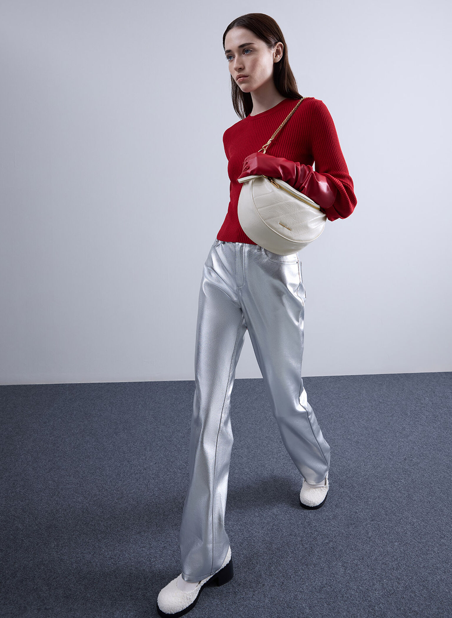 Philomena Crinkle-Effect Half-Moon Crossbody Bag, Cream, hi-res