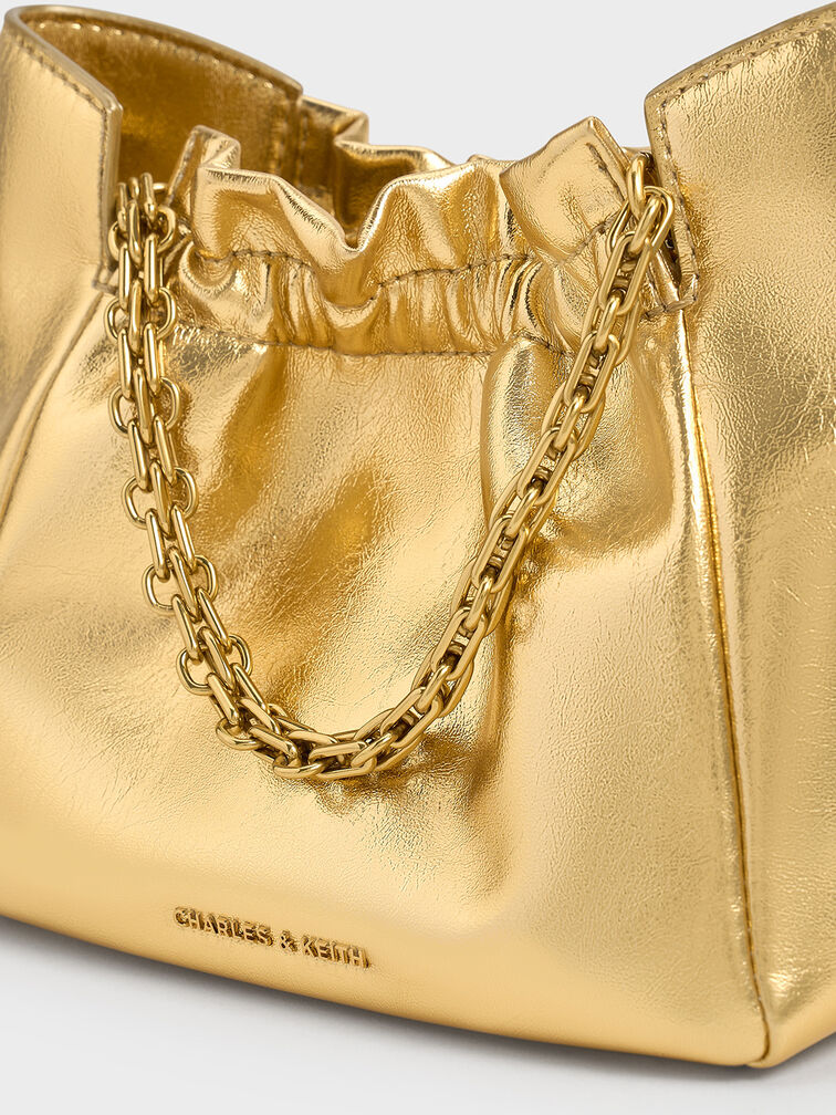 Bolso fruncido Brigette metalizado con asa de cadena, Dorado, hi-res
