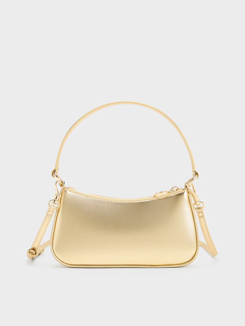 Metallic Curved Shoulder Bag, Gold, hi-res