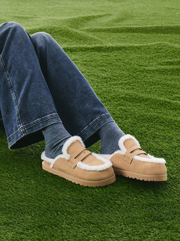 毛毛厚底懶人鞋, 柔沙色, hi-res