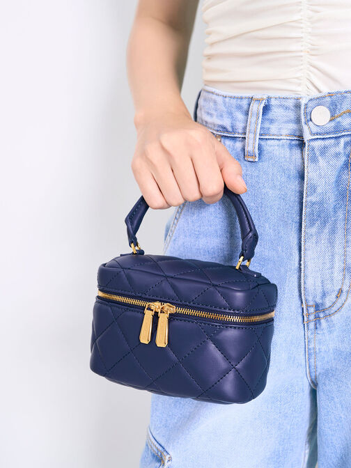 Quilted Vanity Pouch, Navy, hi-res