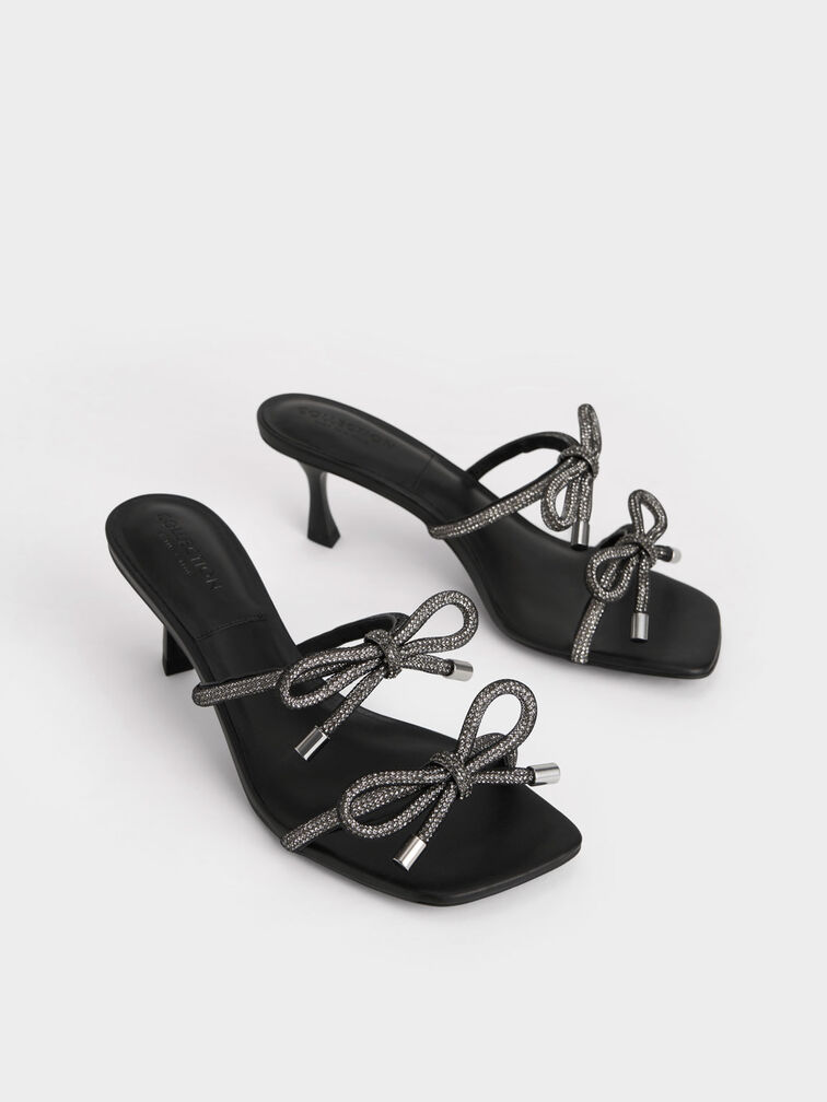 Gem-Embellished Bow-Tie Mules, Black, hi-res
