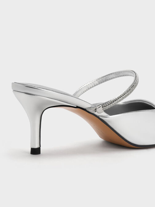 Metallic Braided-Strap Pointed-Toe Mules, Silver, hi-res